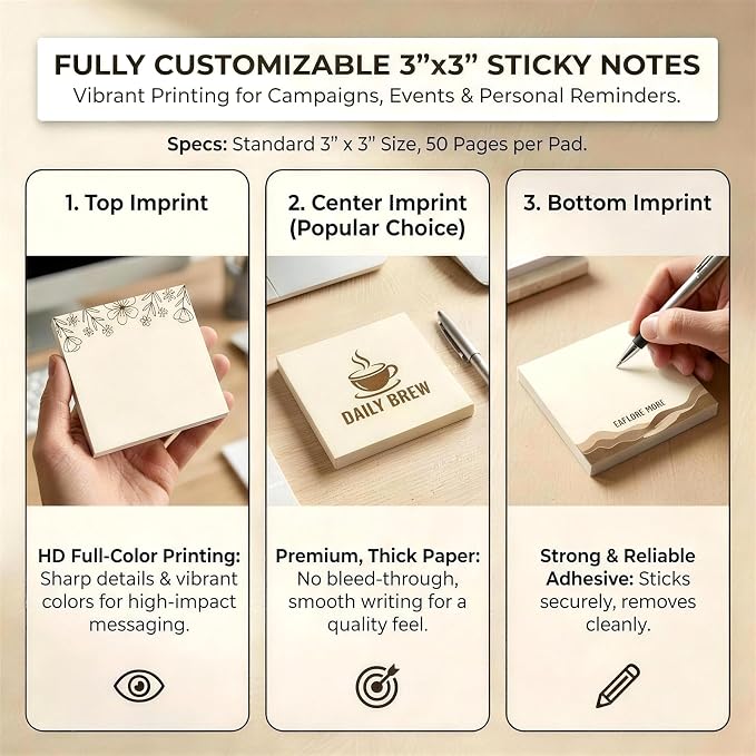 Bulk Personalized Sticky Notes 3"x3" – Custom Notepads with Logo or Text, 50 Sheets per Pad, Custom Post it Notes, 3–100 Pack for Business Marketing, Office (10)