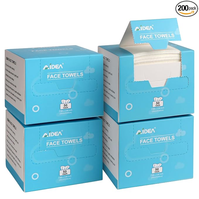 AIDEA Face Towels Disposable-200Ct (4 Box), Face Cloths for Sensitive Skin | Clean Facial Towels, Facial Cleansing Wipes, Face Towelettes for Makeup Removing, Nursing, Travel, Dry Wipes