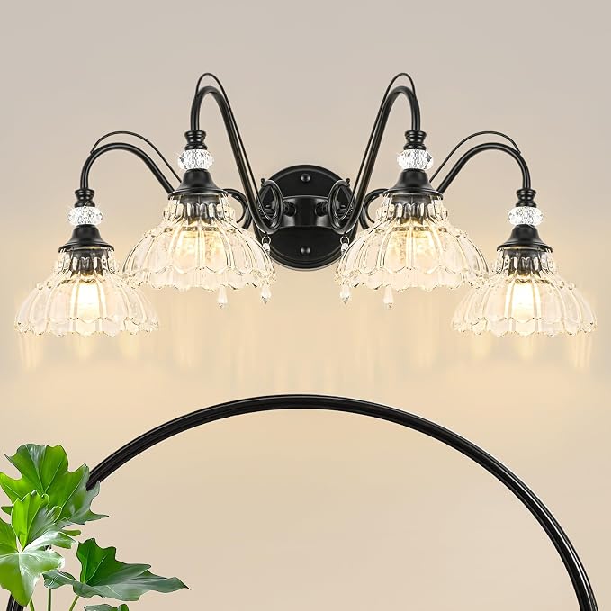 Black Bathroom Vanity Light, 4-Light Matte Black Finish Farmhouse Wall Sconce with Hanging Crystal Accents and Flower-Shaped Clear Glass Shades, Retro Wall Mount Vanity Light Over Mirror for Bathroom