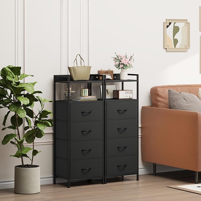 Somdot Nightstand with 4 Drawers, Vertical Storage Tower Fabric Dresser for Bedroom, Night Stand Bedside Table Furniture, Sturdy Steel Frame, Wooden Top & Easy Pull Fabric Bins, Black