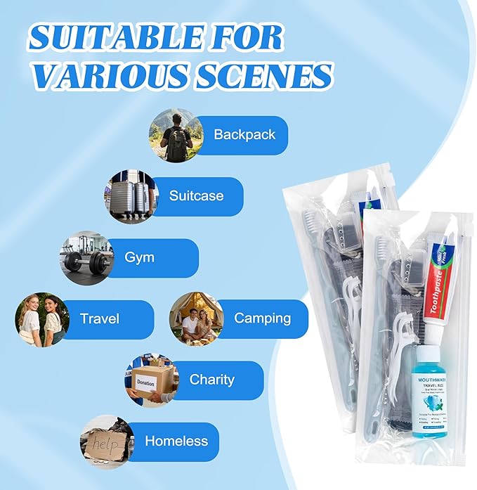 Travel Toothbrush Kit Bulk, Hygiene Kit Bulk with Toothbrush Toothpaste Set, Floss Picks, Comb, Travel Mouthwash, Toothbrush Cover, Individually Packaged, for Travel, Hotels (12-Pack)