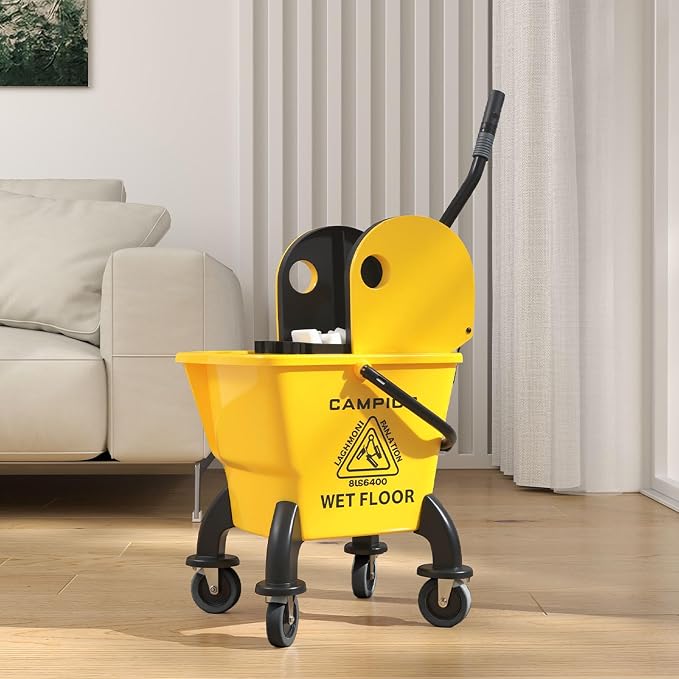 HOMCOM Mop Bucket with Wringer on Wheels, 27.5 Quart, with Mop, Yellow | Down Press Wringer, Handle and Mop, Floor Cleaning
