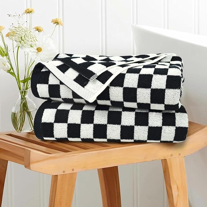 Jacquotha Black and White Checkered Cotton Bath Towels Set of 2 | Cute Aesthetic Towels for Bathroom Decor, Pool, Beach, Spa, 27.5" x 55"