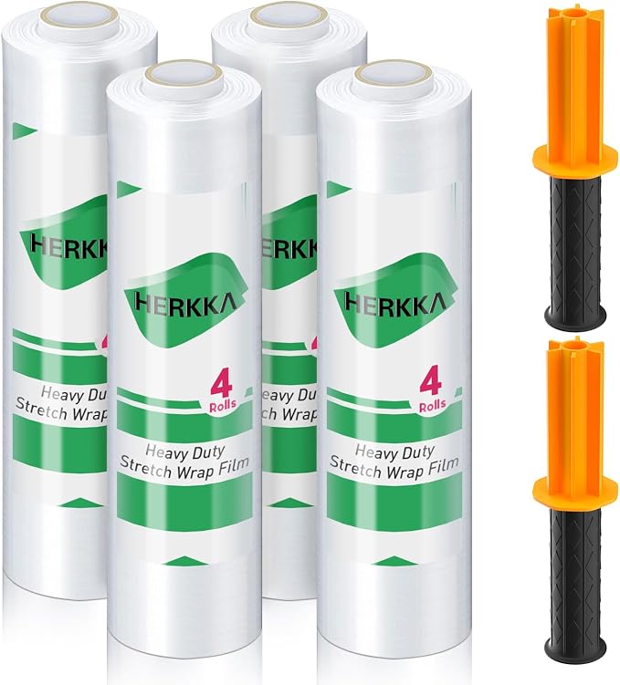 Stretch Film, HERKKA Stretch Wrap with Handles Industrial Strength, Moving Wrapping Plastic Roll, Shrink Wrap for Pallet Wrap, 15" x 1000 Feet, 4 Pack, 60 Gauge