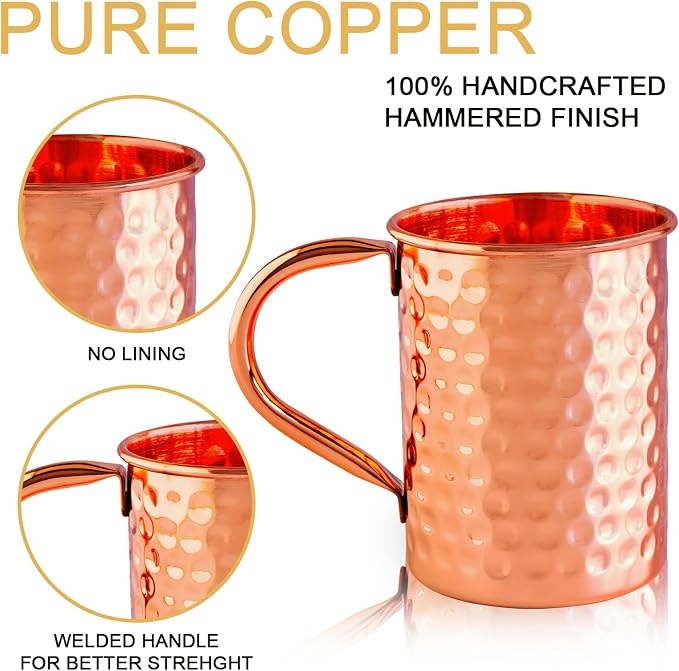 UNISWEET Moscow Mule Pure Copper Mugs - Set of 4-100% Pure Copper Hammered coffee cup, Perfect For Wine, Beer, Cold Drink, Bar, Party, Gifts (Square Copper Mugs)