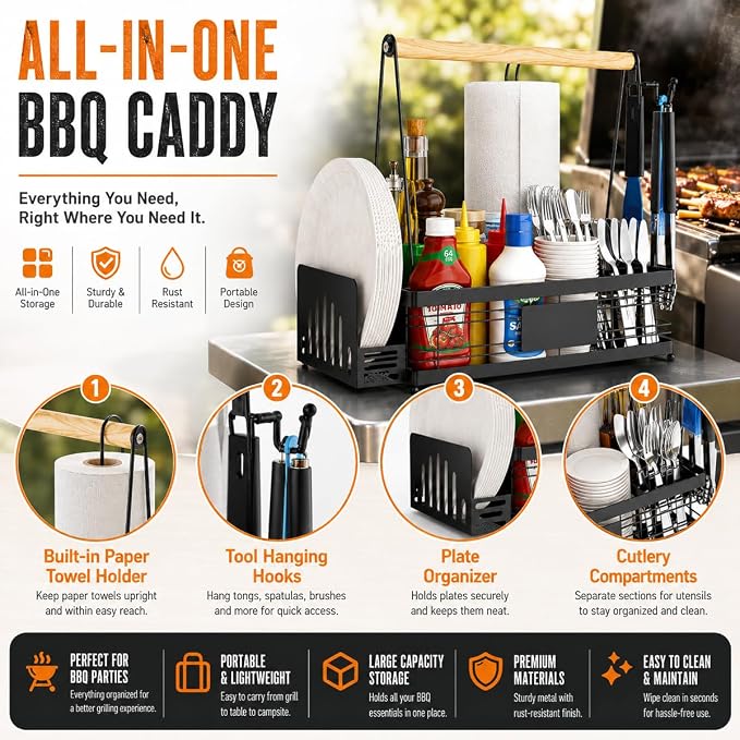 Portable BBQ Grill for Cuisinart CPG-700 Woodcreek XL 2021-2024, Multi Compartment Outdoor Grilling Organizer with Plate Rack, Paper Towel Holder & Tool Hooks for Camping,A