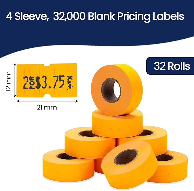 Perco 1 Line Fluorescent Orange Labels - 32,000 Blank Price and Date Gun Labels for Perco Lite, X, Plus and Pro 1 Line Price and Date Guns - 32 Rolls, 4 Sleeves - Made in USA
