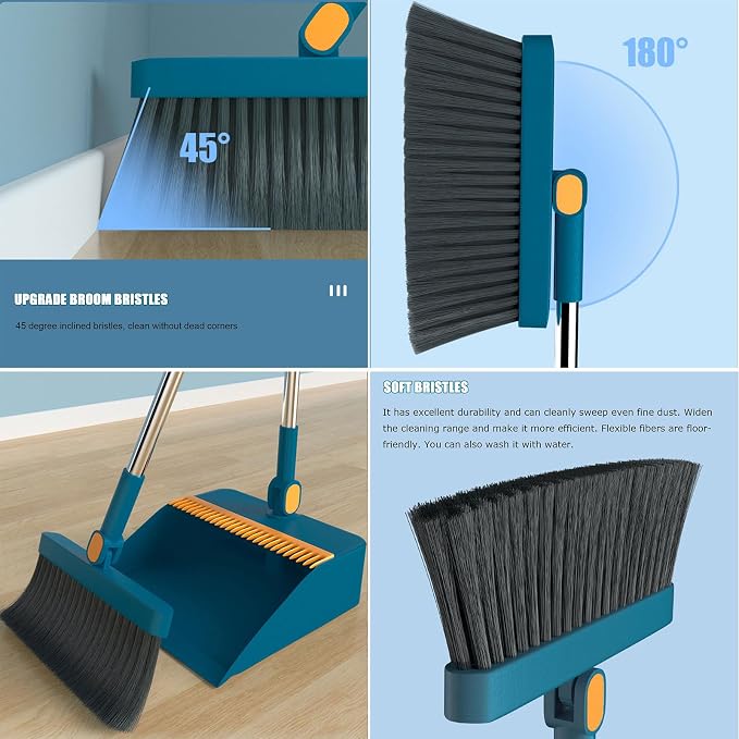 Broom and Dustpan Combo Set for Home - Long Handle Angle Broom & Dust pan Combo Built-in Comb Teeth to Automatically Clean Hair - Suitable for Home Kitchen Office Hall Floor,Orange