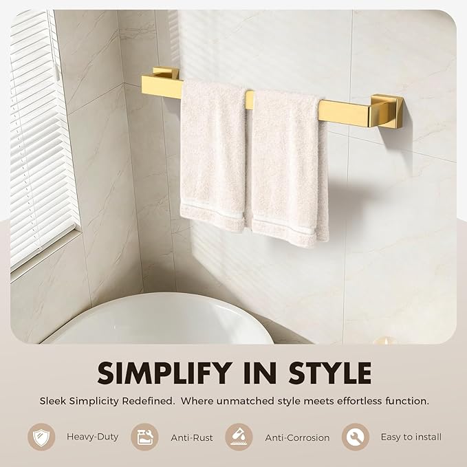 Bathroom Accessory Towel Bar Set: 15 Pieces Gold Square Bathroom Hardware SUS304 Stainless Steel - 24 Inch Wall Mounted Towel Rack&Toilet Paper Holder&Towel Ring and Towel Hook