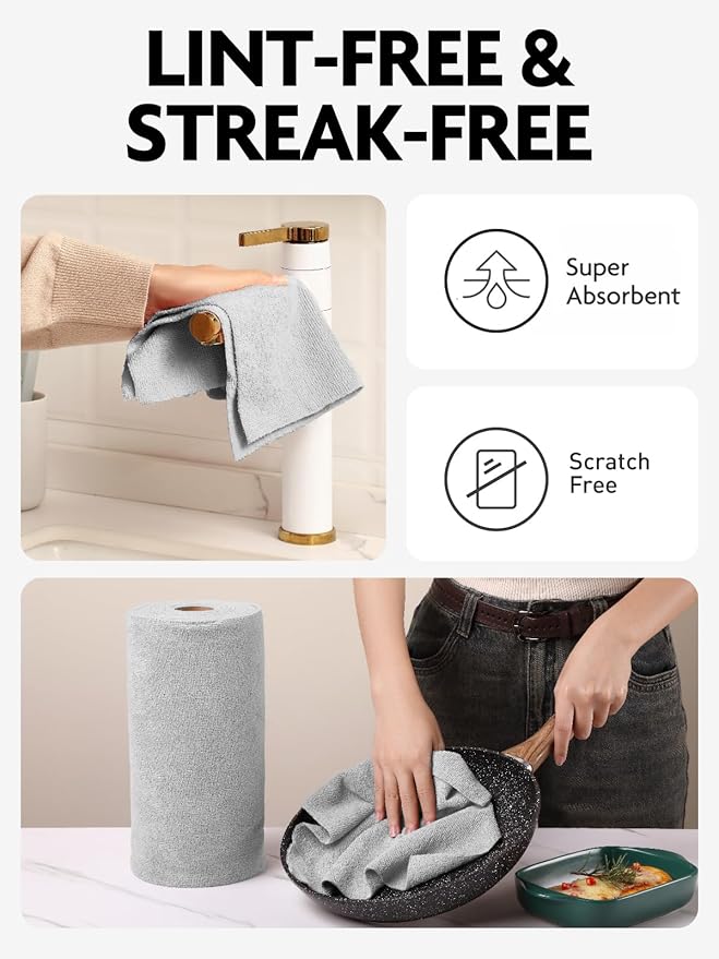 Fantasticlean Microfiber Cleaning Cloth Roll -150 Pack, Tear Away Microfiber Towels, 12" x 12", Reusable, Washable, Ultra Absorbent Dishcloth for All-Around Cleaning Supplies (Pink & Grey)
