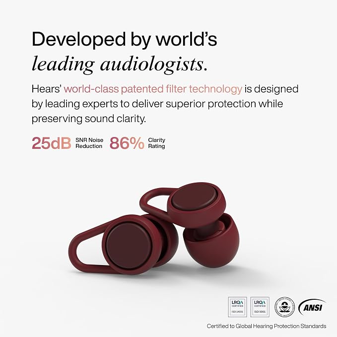 Hears Plus Ear Plugs for Noise Reduction - Patented Reusable Concert Earplugs, 25dB SNR Sound Reduction, Hypoallergenic for Musicians, Motorcycle and Sleeping with 4 tip Sizes - Burgundy Breeze