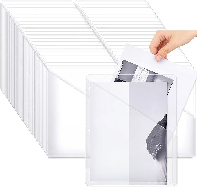 Seajan 200 Pcs Pocket Folders for 3 Ring Binder Clear Plastic Folders Sleeves with 2 Pockets 3 Hole Punch Binder Dividers Poly Slash File Jackets for Office School Document Organizer (Transparent)