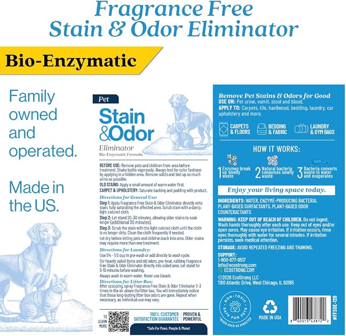 Eco Strong Pet Stain and Odor Remover - Cat Urine Enzyme Cleaner, Urine Destroyer for Dogs, Pet Urine Enzyme Cleaner [All New Fragrance Free] - 128oz