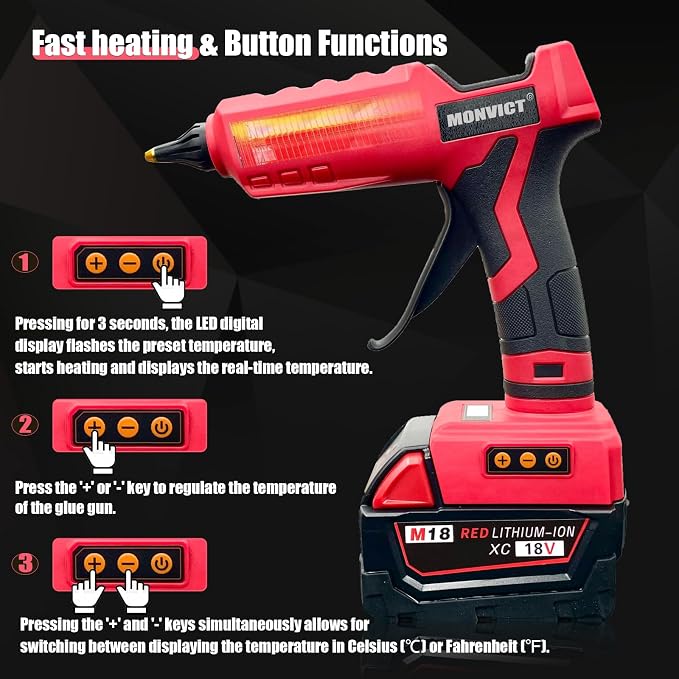 MONVICT 100W Cordless Glue Gun for Milwaukee 18V Battery, Upgraded | Digital Temperature Adjustable Handheld Electric Power Full Size Heavy Duty Hot Glue Gun with 10 Glue Sticks (Tools only)