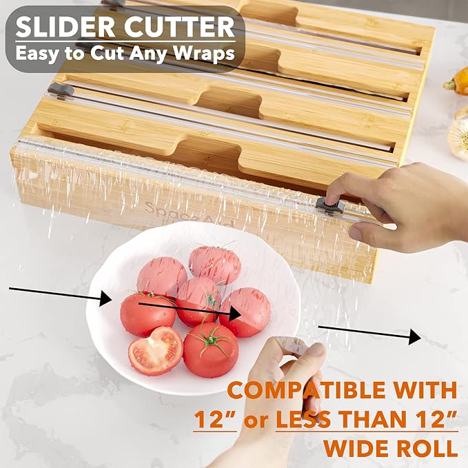 SpaceAid WrapNeat 4 in 1 Wrap Dispenser with Cutter and Labels, Plastic Wrap, Aluminum Foil and Wax Paper Dispenser for Kitchen Drawer, Bamboo Roll Organizer Holder, Compatible with 12" Roll