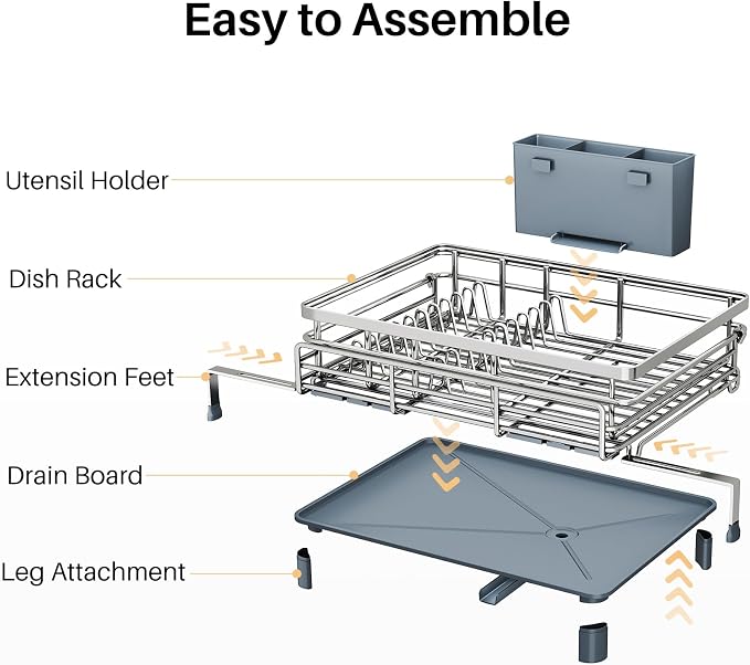 SNTD Dish Drying Rack - Extendable Dish Rack, Large Sink Drying Dish Drainer for Kitchen Counter, Stainless Steel Dish Strainer with Utensil Holder (Silver)