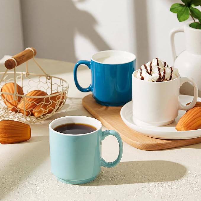 Sweese Stackable Coffee Mugs Set of 6, 16 Oz Large Porcelain Cups for Coffee, Latte, Tea & Hot Drinks, Space-Saving Stackable Design, Microwave & Dishwasher Safe, Assorted Colors
