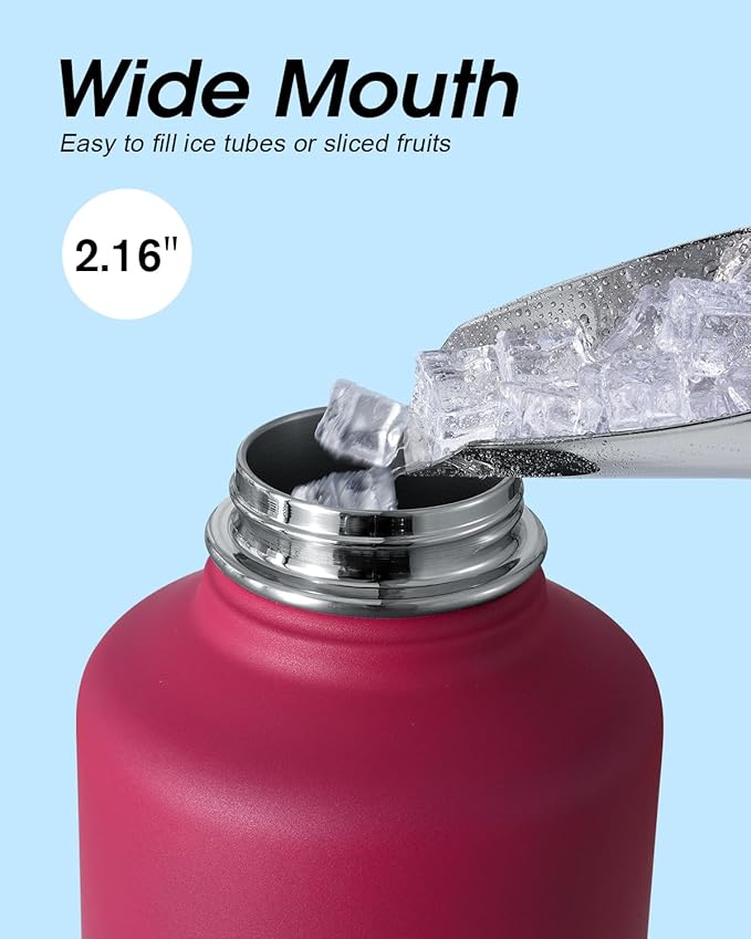 Half Gallon Water Bottle Insulated with Straw & 3 Lids, Coolflask 64 oz Water Jug Large Metal Stainless Steel Wide Mouth for Sports, Gym or Office, Non-BPA Keep Cold 48H Hot 24H, Ombre Wine/Navy