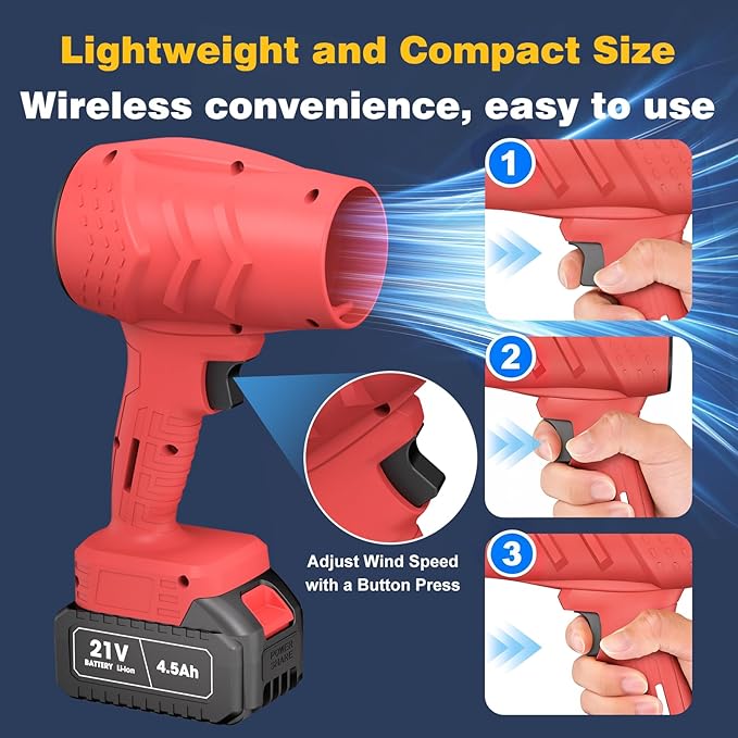 Electric Mini Leaf Blower, Powered Handheld Blower Leaf, Adjustable Wind Speed Cordless 21V Battery Blower with 2 Rechargeable Batteries and Charger, Toolbox, for Yard Leaf & Snow Removal(Red)