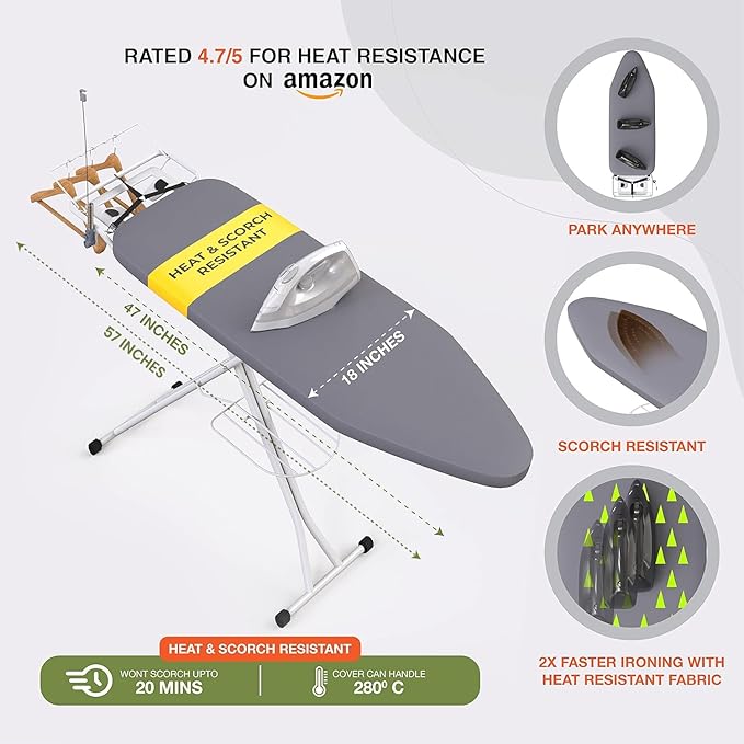 Ironing Board Extra-Wide 57" x 18" Foldable with Wall Hanger | Height adjustable 30" - 36", full-metal frame, scorch & heat-resistant cover, iron rest, anti-slip feet