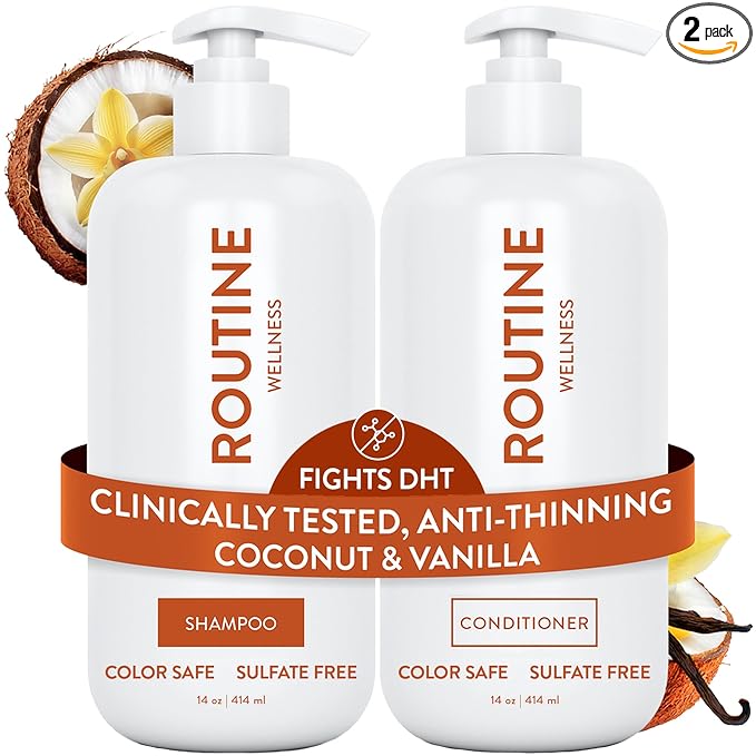 Routine Wellness Anti-Thinning Shampoo and Conditioner Set for Thinning Hair - Biotin DHT Blocker Women & Men - Color Safe Shampoo for Hair Loss & Healthier Hair - Coconut & Vanilla Set