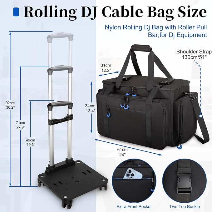 Rolling Dj Cable Bag with Laptop and Microphone Pocket, Dj Bag for Equipment and Music Accessories with Detachable Dividers, Bottom Pad, Dj Gig Bags for Musicians, Professional, Travel, Blue