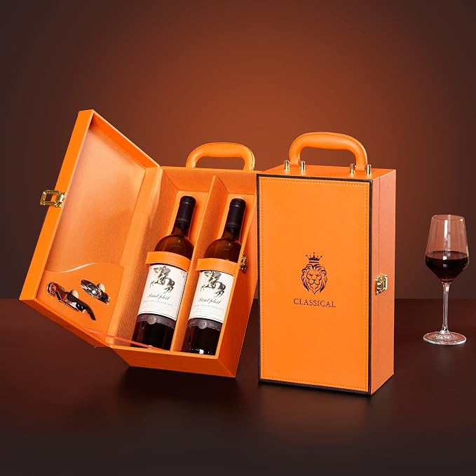 Wine Box with 2 Bottle Leatherette Top Handle Premium Wine Carrier Case Orange
