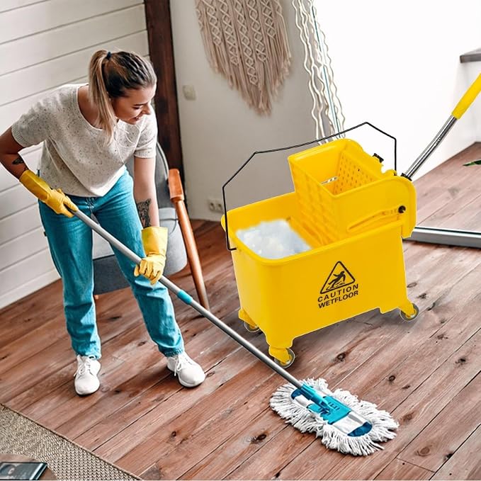 Commercial Mop Bucket on Wheels,Mop Bucket & Side Wringer Combo, Janitorial Cart Spring Wringer on Wheels Mop and Bucket with Wringer Set for Home & Industrial for Home Office Cleaning (1)