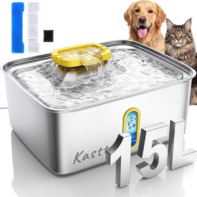 Kastty 15L/4 Gal Stainless Steel Dog Water Fountain Large Capacity,FS78 | Dog Water Bowl Dispenser with Visual Window & LED Light 5-Stage Filtration ,Ultra Quiet Pet Water Fountain Easy Clean,Yellow