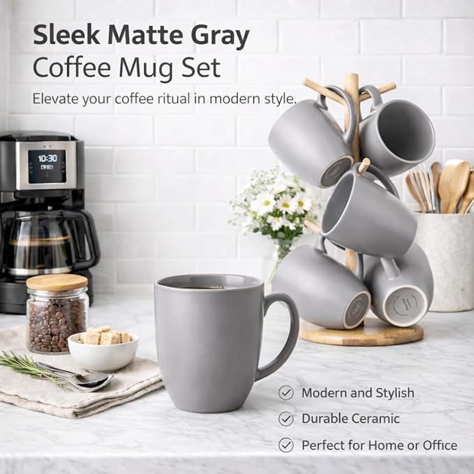 AmorArc 12 OZ Coffee Mugs, Matte Gray Coffee Cups with Large Handle for Man, Woman, Ceramic Coffee Mugs Set of 12 for Latte/Cappuccino/Cocoa/Milk, Dishwasher & Microwave Safe