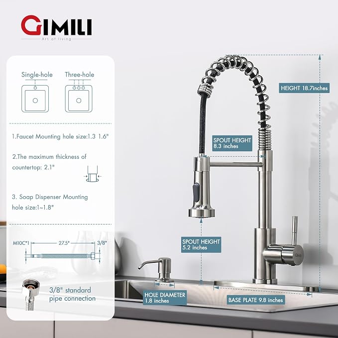 GIMILI Kitchen Faucet with Soap Dispenser, Commercial Single Handle Spring Brushed Nickel Pull Out Kitchen Sink Faucets with Pull Down Sprayer