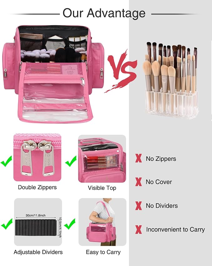 NAONAYA Pink Makeup Brush Bag, Clear Makeup Brush Holder with Lid, Extra Large Capacity Travel Cosmetic Bag Makeup Artist Must Haves,Make Up Organizers and Storage, with Adjustable Dividers