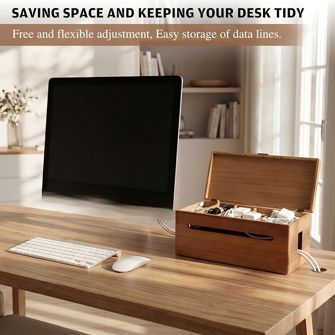 Novabright Double Layer Wooden Cable Management Box Large with Lid Power Strip Cord Organizer Hider for Desk TV Stand Home Office