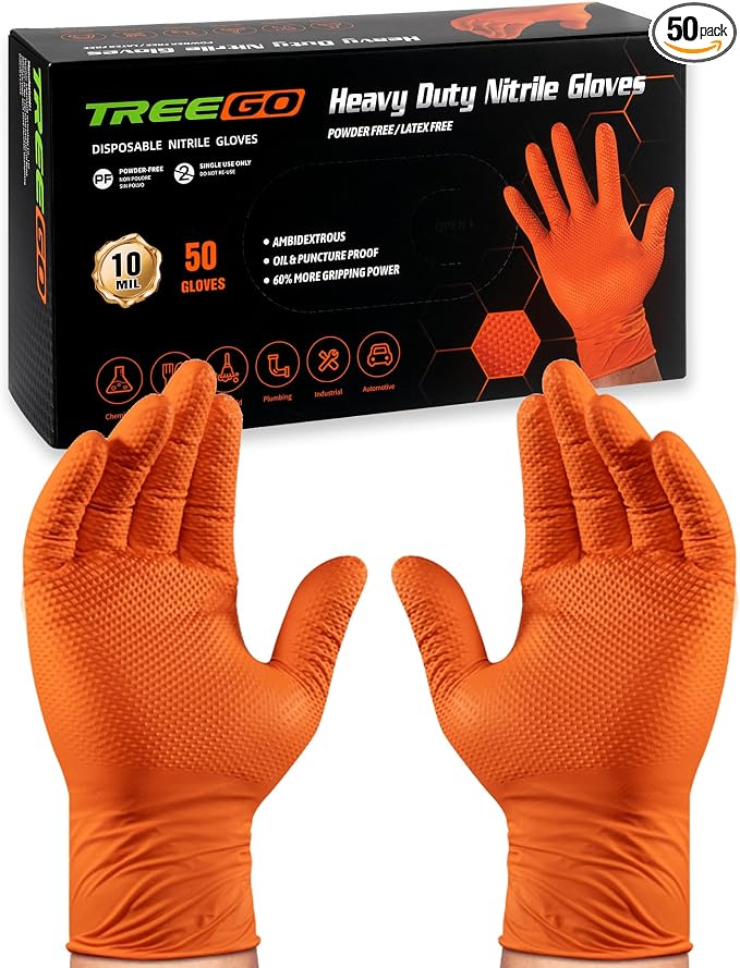 TREEGO 10 Mil Heavy Duty Orange Nitrile Mechanic Gloves, 50 Count L | Diamond Grip, Latex & Powder Free for Construction, Jobsite Tasks, Equipment Repair & Contractor Work