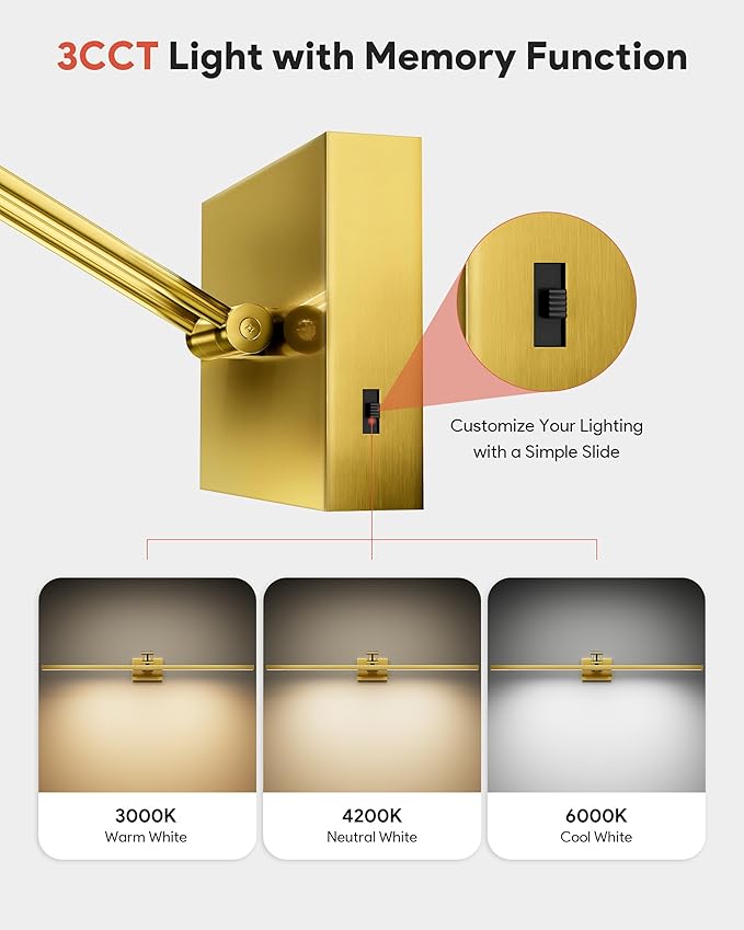 VONLUCE 36" LED Bathroom Vanity Light, 3CCT Modern LED Vanity Lights with 360° Rotatable Head Swing Arm, 15.4W Bathroom Light Fixture Over Mirror, LED Lights for Bathroom Bedroom, Brushed Gold