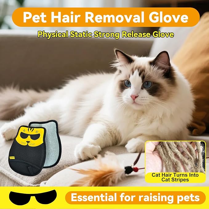 Pet Hair Removal Glove - Washable Reusable, 2pcs | Electrostatic dual-direction fiber grabs loose fur. Works on sofas, rugs, car seats & pet beds. Cat & dog hair