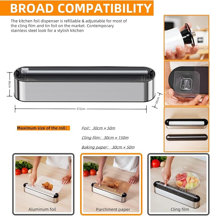 Aluminum Foil & Plastic Wrap Dispenser with Cutter - Magnetic & No-Drill Wall Mount, Stainless Steel Design, Space-Saving Kitchen Organizer for Worktops & Cabinets - Fits 12" Rolls, Silver