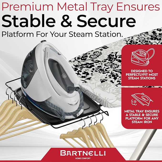 Bartnelli Pro Luxury Ironing Board - Extra Wide 51x19 Ironing Surface, Ultra-Premium Aluminum Build, Includes Steam Iron Rest, Adjustable Height, Foldable, European Made