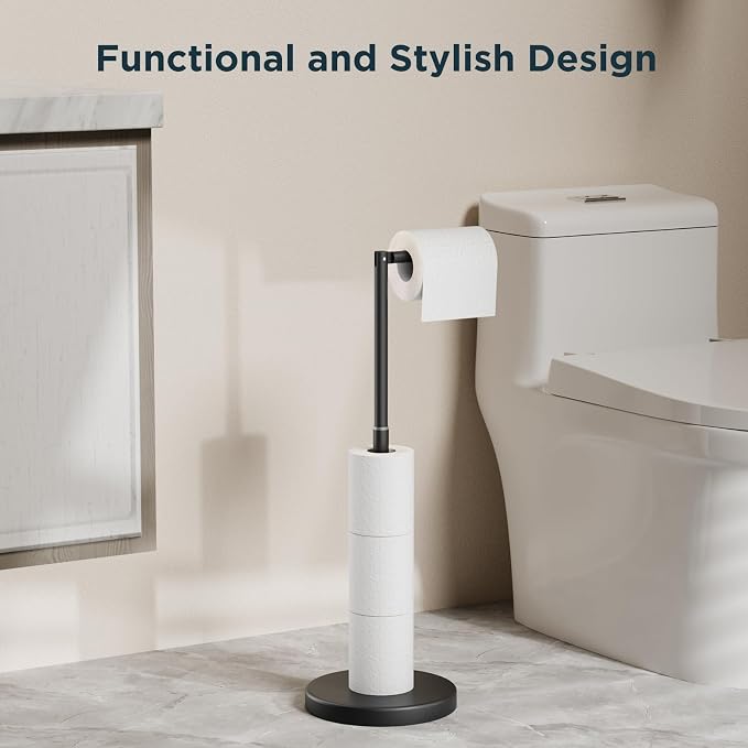 FORIOUS Toilet Paper Holder Stand Adjustable, Stainless Steel Freestanding Toilet Paper Holder with Storage, Bathroom Tissue Roll Stand Storage for 4 Rolls, Matte Black