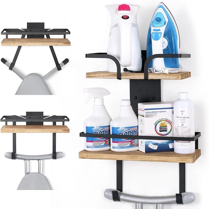 VINAEMO Ironing Board Hanger Wall Mount, 2-Layer Laundry Room Organizer | Iron and Ironing Board Holder for T&Y-Leg Iron Boards, Heavy Duty Laundry Room Storage Shelves, Large Laundry Organization