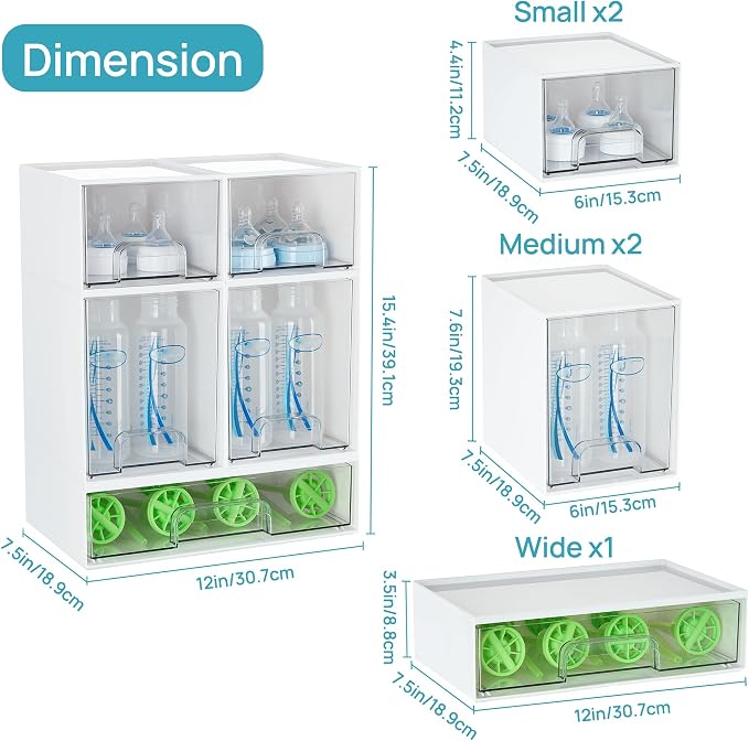 Vtopmart Stackable Storage Drawers Set of 5, Plastic Organizer Bins for Baby Bottle, Beauty Supplies Storage, Ideal for Kichen Countertop, Vanity, Bathroom, Cabinet, Pantry Organization,White