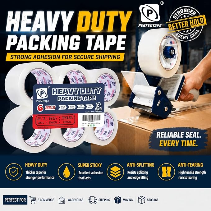 PERFECTAPE 3" Heavy Duty Packing Tape 6 Rolls, Total 390Y, Clear, 2.7 mil, 3 inch x 65 Yards, Ultra Strong, Refill for Packaging and Shipping(3" Width, not 2" Width) | Total 390Y, 2.7 mil, Ultra Strong, Refill for Packaging and Shipping(3" Width, not 2...