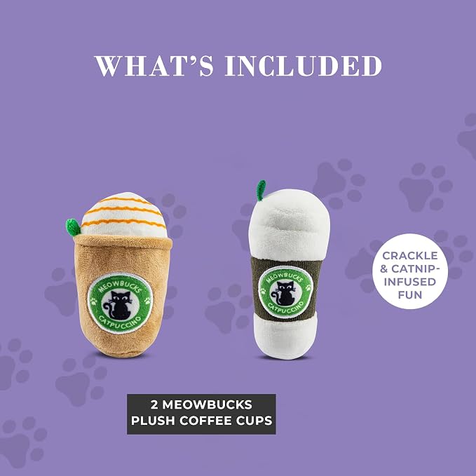 Haute Diggity Kitty Meowbucks Catpuccino Set, Plush Cat Toys Catnip Filled with Interactive Crackle Sound, Safe & Durable Toys for Cat & Kitten, 2 Pcs