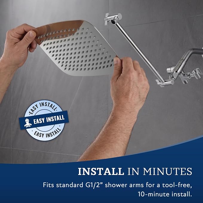 G-Promise All Metal 16 Inch Dual Square Shower Head with Handheld Spray Combo, Rain Shower Head, Adjustable Extension Arm, 3-Way Diverter, 71 Inch Extra Long Hose - A Bathroom Upgrade (Chrome)
