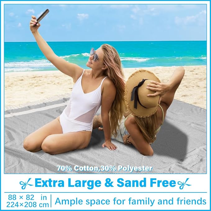 Vikumond Turkish Beach Towel Blanket Oversized 88x82 Inch Quick Dry Grey | Lightweight Compact Portable Sand Free Absorbent Boho Woven Throw for Pool Swimming Picnic Camping Cruise Outdoor Essentials