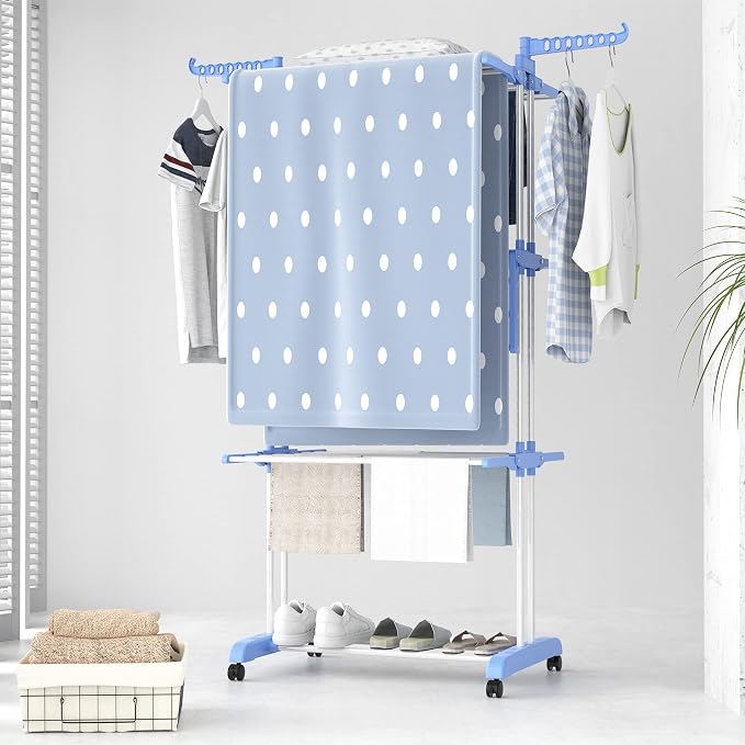 HOMIDEC Clothes Drying Rack, Large 4-Tier Foldable Drying Rack Clothing (67.7H x 19.7W x 30L Inches), Movable with 4 Castors. Multifunctional Stainless Steel Laundry Drying Rack, Blue