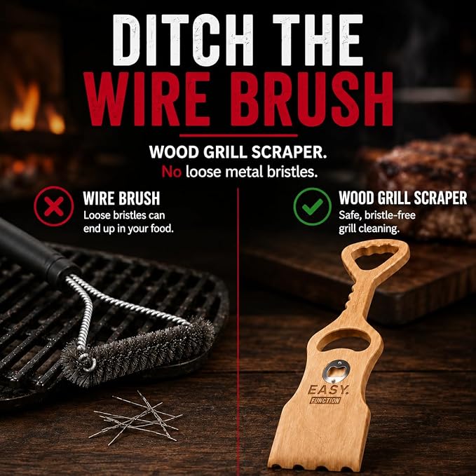 Wood Grill Scraper - Wooden Alternative for A BBQ Grill Brush, Made from Natural Pine Hardwood - Uses The New EasyShape Technology for Safe Cleaning & Bristle Free Barbecue