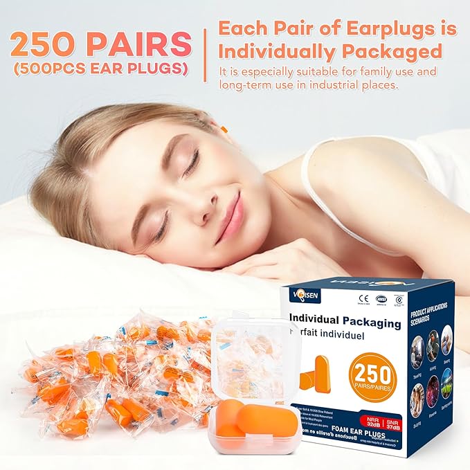 VOISEN Ear Plug,250 Pairs Ear Plugs for Sleeping,32dB NRR 37dB SNR Ear Plugs Noise Cancelling for Snoring, Studying, Loud Events, Traveling & Concerts, Individual Package