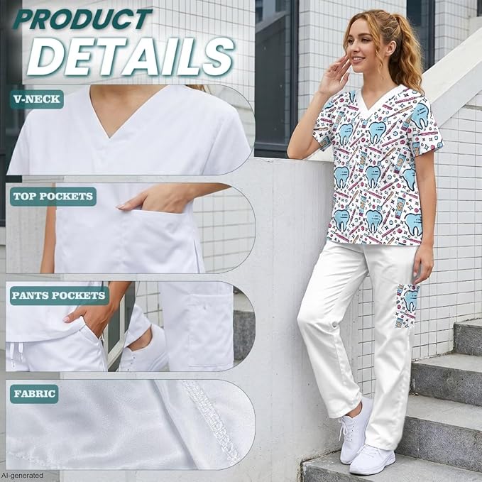 Gomyblomy Women's Scrubs Suit 3-Piece Set | Teeth Print V-Neck Top & Pants & Cap, Breathable and Stretch Fabric, S-5XL