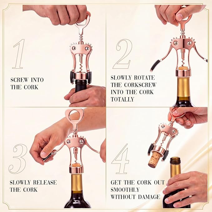 Hushee 5 Pcs Wing Corkscrew Opener, Zinc Alloy Heavy Duty Multifunctional Wine Bottle Opener for Restaurant, Bar, Waiters, Ideal for Wedding Shower Party Favors Gifts (Silicone,Rose Gold)